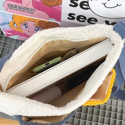 Women Plush Embroidered Cartoon Pattern Large Capacity Phone Tablet Macbook Book Storage Crossbody Shoulder Bag