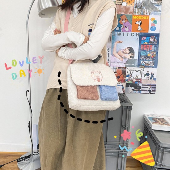 Women Plush Embroidered Cartoon Pattern Large Capacity Phone Tablet Macbook Book Storage Crossbody Shoulder Bag
