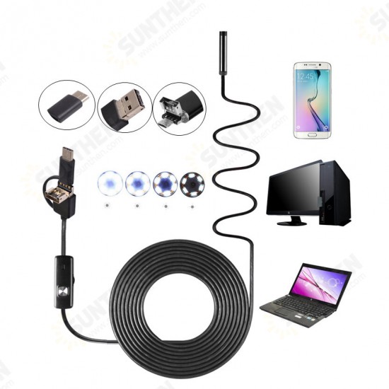 3-in-1 7mm 6LED Rigid Waterproof USB Type C Borescope Inspection Camera 1/2/3.5/5M/10M