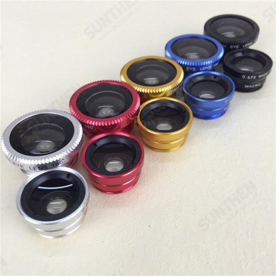 3 in 1 Universal Clip Camera Lens 0.67 Wide Angle+180 Degree Fish Eye+Macro Lens for Mobile Phones Tablet