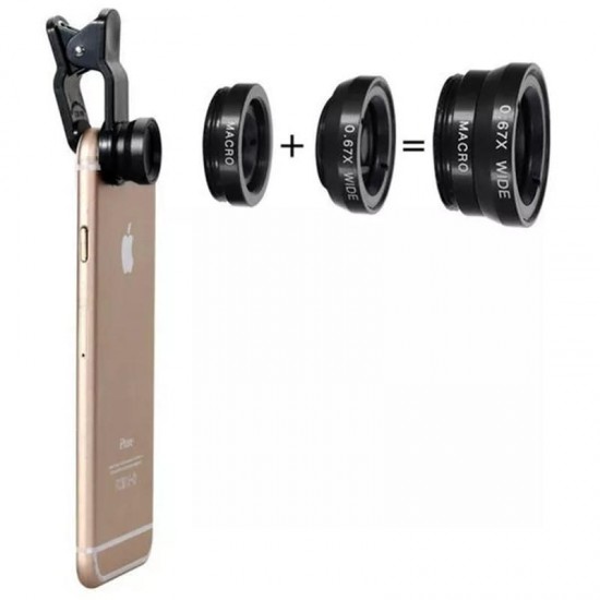 3 in 1 Universal Clip Camera Lens 0.67 Wide Angle+180 Degree Fish Eye+Macro Lens for Mobile Phones Tablet