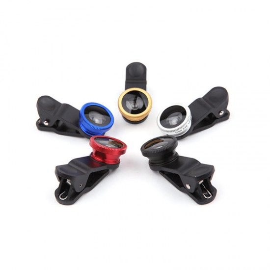 3 in 1 Universal Clip Aluminum Alloy Camera Lens 0.67 Wide Angel+180 Degree Fish Eye+Macro for ipad Mobile Phone Tablet