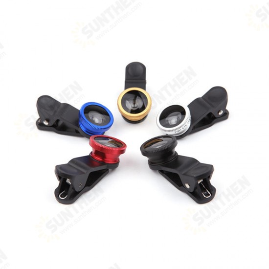 3 in 1 Universal Clip Aluminum Alloy Camera Lens 0.67 Wide Angel+180 Degree Fish Eye+Macro for ipad Mobile Phone Tablet