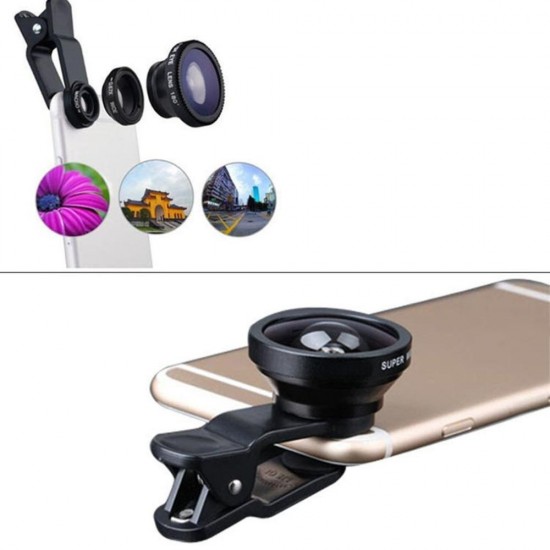 3 in 1 Universal Clip Aluminum Alloy Camera Lens 0.67 Wide Angel+180 Degree Fish Eye+Macro for ipad Mobile Phone Tablet
