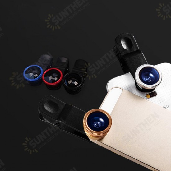 3 in 1 Universal Clip Aluminum Alloy Camera Lens 0.67 Wide Angel+180 Degree Fish Eye+Macro for ipad Mobile Phone Tablet