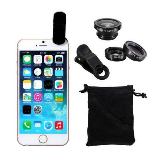 Universal Clip Camera Lens 0.67 Wide Angel+180 Degree Fish Eye+Macro For Mobile Phone Tablet