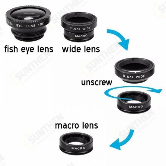 Universal Clip Camera Lens 0.67 Wide Angel+180 Degree Fish Eye+Macro For Mobile Phone Tablet