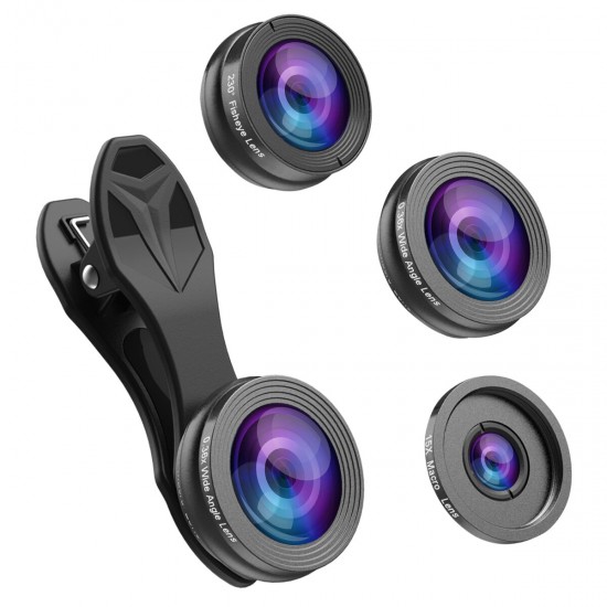 3-IN-1 230 Degree Fisheye Lens + 0.36X Wide Angle Lens + 15X Macro Lens Phone Camera for iPhone 12 13 all smartphone