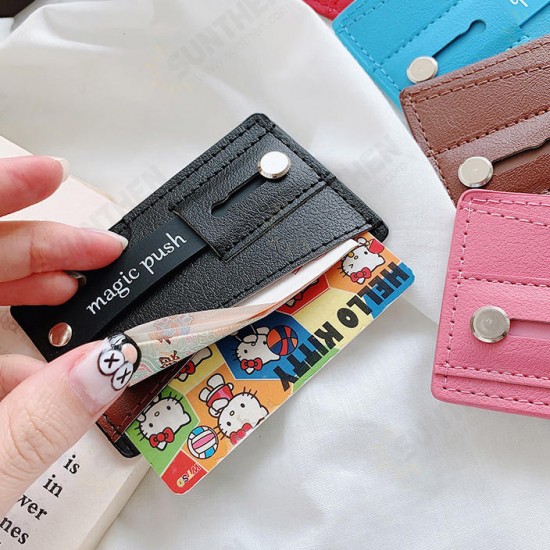 Universal PU Leather Push Pull Sticker Phone Bracket Wristband Finger Holder with Card Slots