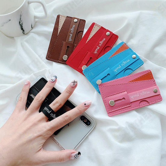 Universal PU Leather Push Pull Sticker Phone Bracket Wristband Finger Holder with Card Slots