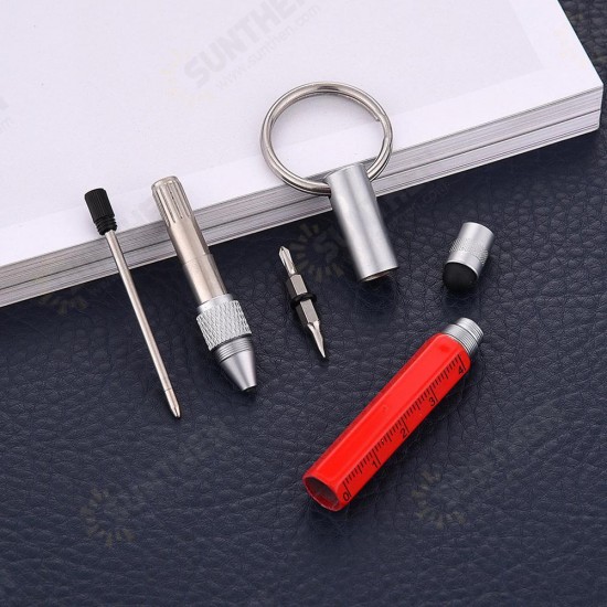 Practical Retro Metal Multifunctional 6 in 1 Screwdriver Ballpoint Pen Touch Screen Capacitive Pen Keychain with Ruler