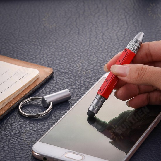 Practical Retro Metal Multifunctional 6 in 1 Screwdriver Ballpoint Pen Touch Screen Capacitive Pen Keychain with Ruler