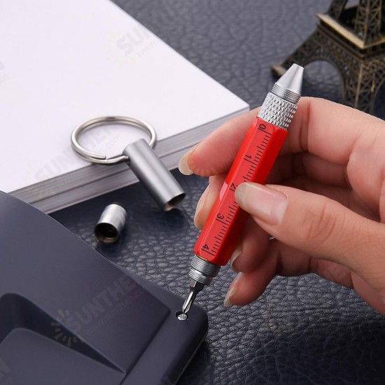 Practical Retro Metal Multifunctional 6 in 1 Screwdriver Ballpoint Pen Touch Screen Capacitive Pen Keychain with Ruler