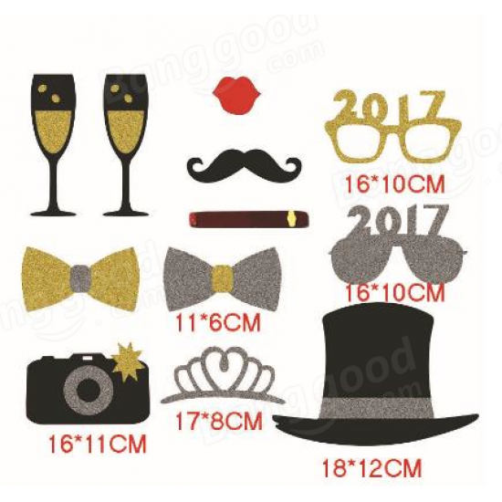 12Pcs Happy New Year Eve Party Photo Booth DIY Mask Mustache Stick Props