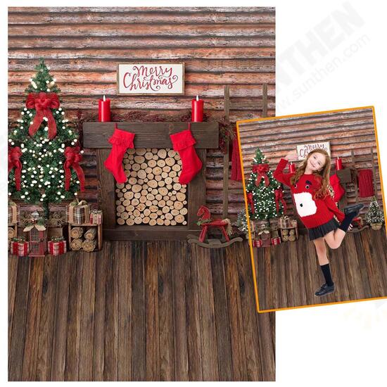 3x5FT 5x7FT 6x8FT Wooden Wall Floor Merry Christmas Tree Photography Backdrop Background Studio Prop