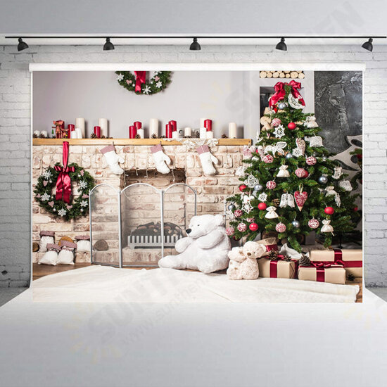 Christmas Photography Backdrop 3D Tree Brick Fireplace White Bear Printed Vinyl Photo Studio Background Cloth Christmas Photography Backdrop 3D Tree Brick Fireplace White Bear Printed Vinyl Photo Studio Background Cloth