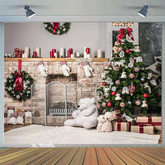 Christmas Photography Backdrop 3D Tree Brick Fireplace White Bear Printed Vinyl Photo Studio Background Cloth Christmas Photography Backdrop 3D Tree Brick Fireplace White Bear Printed Vinyl Photo Studio Background Cloth