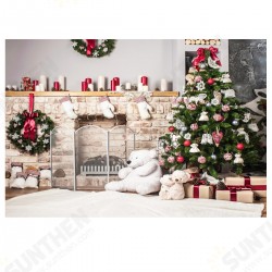 Christmas Photography Backdrop 3D Tree Brick Fireplace White Bear Printed Vinyl Photo Studio Background Cloth Christmas Photography Backdrop 3D Tree Brick Fireplace White Bear Printed Vinyl Photo Studio Background Cloth