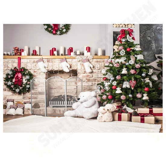 Christmas Photography Backdrop 3D Tree Brick Fireplace White Bear Printed Vinyl Photo Studio Background Cloth Christmas Photography Backdrop 3D Tree Brick Fireplace White Bear Printed Vinyl Photo Studio Background Cloth