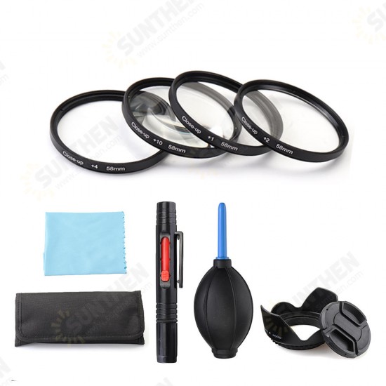 Close-up +1/+2/+4/+10 49/52/55/58/62/67/72/77mm Lens Filter Storage Bag Lens Hood Cap Blower Brush Kit Set