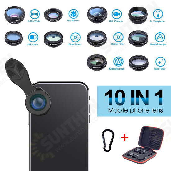 10 in 1 Phone Lens Kit Macro Lens Wide Angle Lens Fisheye Lens Telephoto Lens CPL Flow Radial Star Filter Kaleidoscope 3/6 Lens For Smartphones