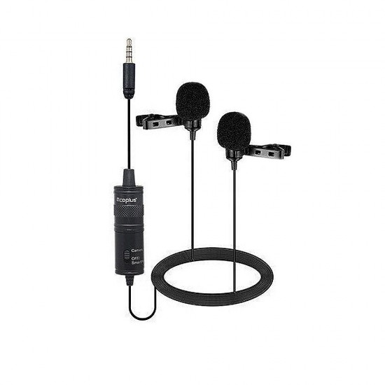 MCO-LVD2M Wired Lavalier Microphone Portable 1 to 2 Omnidirectional HiFi Noise Cancelling Mic System 3.5mm Battery Power Microphone for PC Camera Recording Live Streaming Broadcast