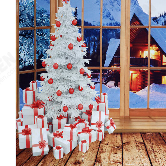 5x7ft 1.5x2.1m Christmas Backdrop Photo Window Backdrop with Wooden Floor Christmas Tree Snow-Covered House Mountains Photography Background for Kids Family Photos