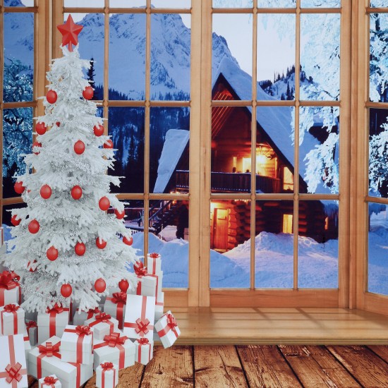 5x7ft 1.5x2.1m Christmas Backdrop Photo Window Backdrop with Wooden Floor Christmas Tree Snow-Covered House Mountains Photography Background for Kids Family Photos