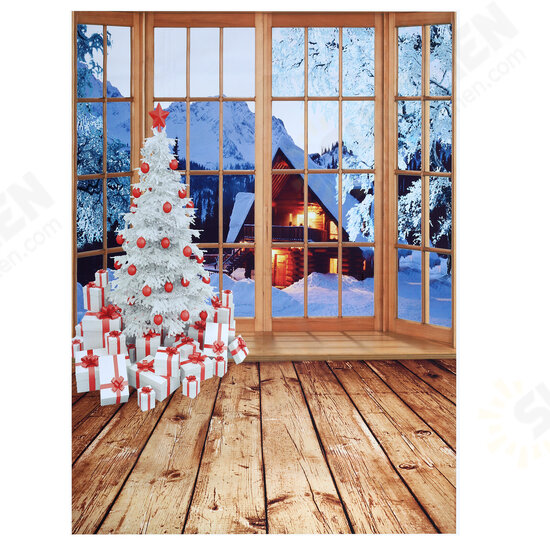 5x7ft 1.5x2.1m Christmas Backdrop Photo Window Backdrop with Wooden Floor Christmas Tree Snow-Covered House Mountains Photography Background for Kids Family Photos