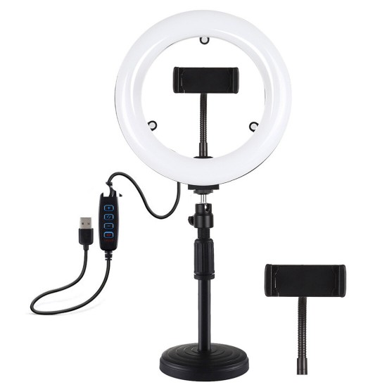 PKT3079B 7.9 Inch 3 Modes Dimmable USB LED Curved Ring Light with Round Base Desktop Mount Phone Holder for Selfie Youtube Vlog