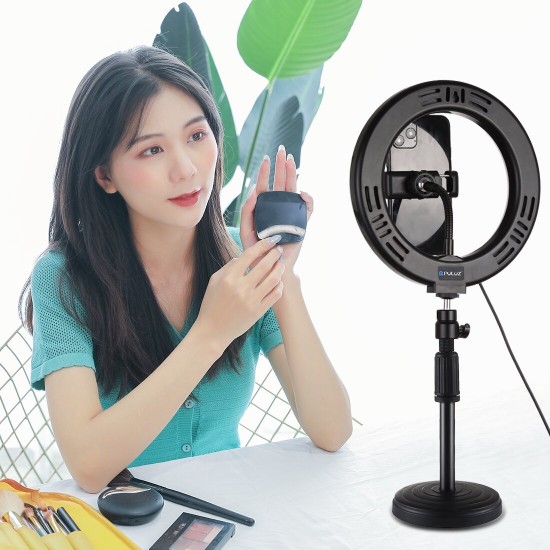 PKT3079B 7.9 Inch 3 Modes Dimmable USB LED Curved Ring Light with Round Base Desktop Mount Phone Holder for Selfie Youtube Vlog