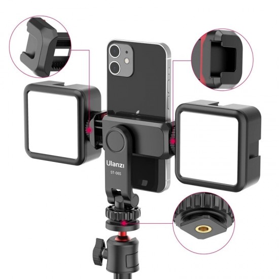 ST-06S Phone Clip with Two Cold Shoe Vertical Shooting Smartphone Clamp Mount Holder Tripod Mount DSLR Camera Mount for Vlog Live Broadcast Photography