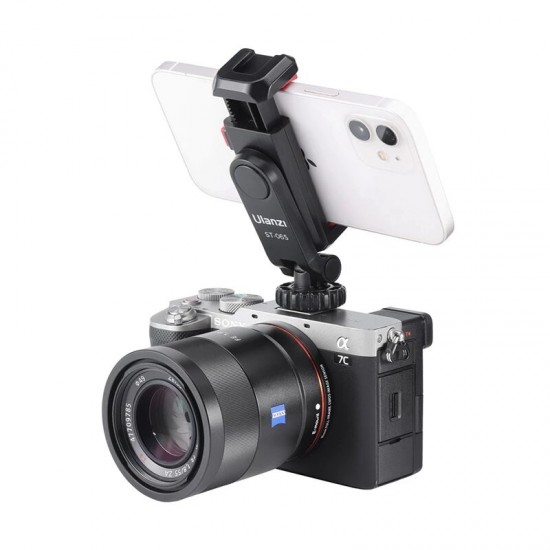 ST-06S Phone Clip with Two Cold Shoe Vertical Shooting Smartphone Clamp Mount Holder Tripod Mount DSLR Camera Mount for Vlog Live Broadcast Photography