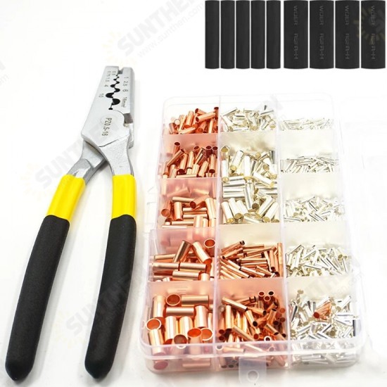 970PCS Boxed Tube Type Bare Terminal Plus Small Copper Tube Heat Shrink Tube Combination + Tube Type Pliers Pz0.5-16