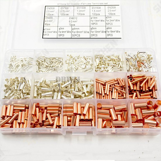 970PCS Boxed Tube Type Bare Terminal Plus Small Copper Tube Heat Shrink Tube Combination + Tube Type Pliers Pz0.5-16