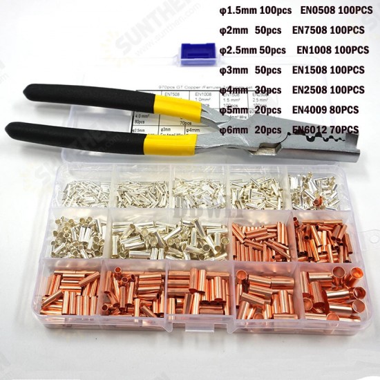 970PCS Boxed Tube Type Bare Terminal Plus Small Copper Tube Heat Shrink Tube Combination + Tube Type Pliers Pz0.5-16