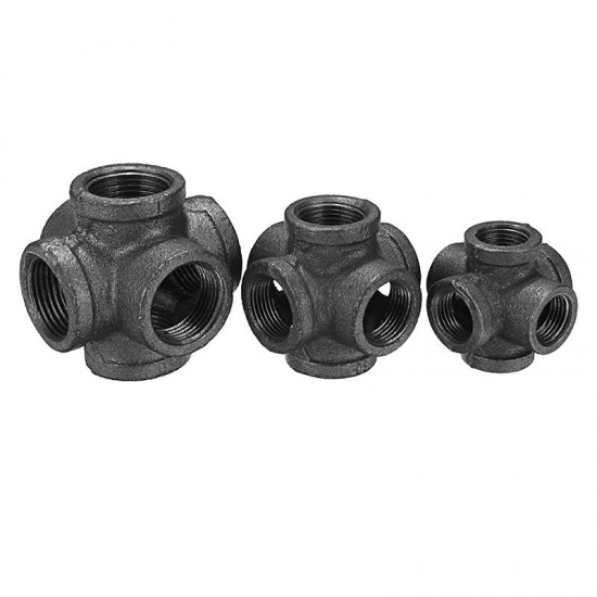1/2inch 3/4inch 1inch 6 Way Pipe Fitting Malleable Iron Black Double Outlet Cross Female Tube Connector