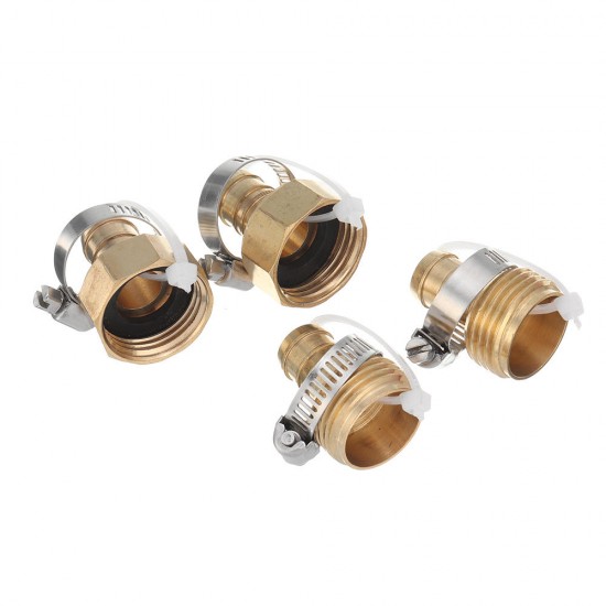 3/4inch NPT Brass Male Female Connector Garden Hose Repair Quick Connect Water Pipe Fittings Car Wash Adapter w/ Adjustable Ear Hose Clamp Clip