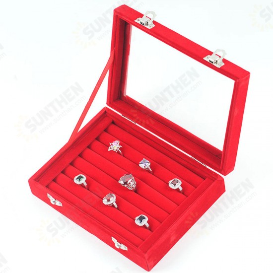 Jewelry Velvet Wood Ring Display Organizer Box Tray Holder Earring Storage Case