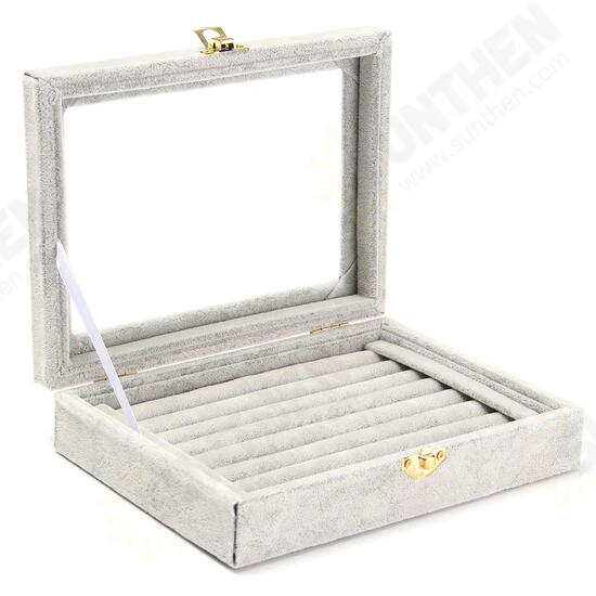 Jewelry Velvet Wood Ring Display Organizer Case Tray Holder Earring Storage Box