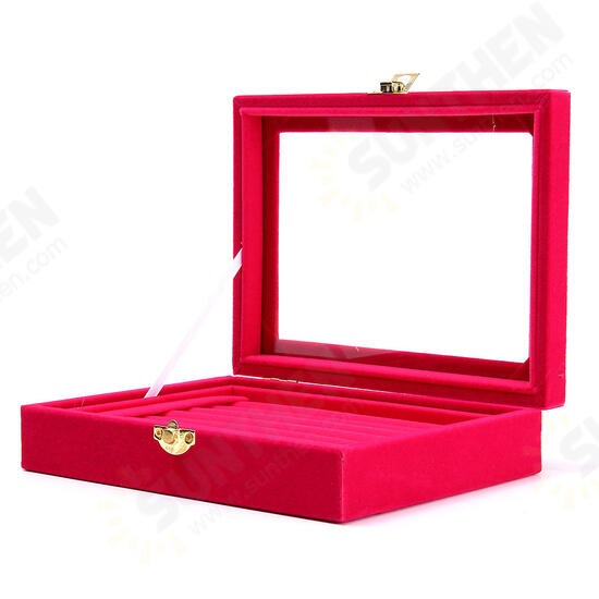 Jewelry Velvet Wood Ring Display Organizer Case Tray Holder Earring Storage Box