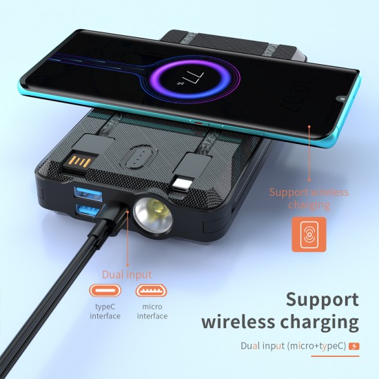 30000mAh Solar Panel Dual USB Waterproof Wireless Charger Power Bank with Type-C Micro USB Input for Samsung Galaxy S21 Note S20 ultra Huawei Mate40 P50 OnePlus 9 Pro