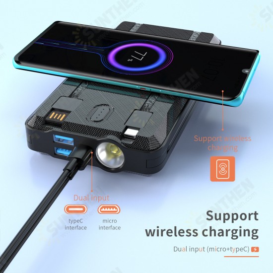 30000mAh Solar Panel Dual USB Waterproof Wireless Charger Power Bank with Type-C Micro USB Input for Samsung Galaxy S21 Note S20 ultra Huawei Mate40 P50 OnePlus 9 Pro