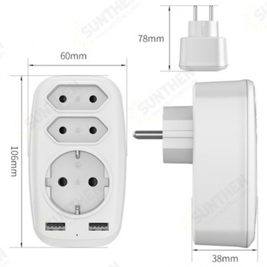 4000W 250V USB Socket Adapter 5in1 Multiple Plug 3 Way Double Euro 1 Schuko Multi with 2 USB Adapters 2.4A for iPhone Mobile with Child Safety Lock