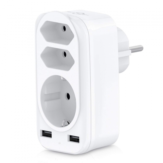 4000W 250V USB Socket Adapter 5in1 Multiple Plug 3 Way Double Euro 1 Schuko Multi with 2 USB Adapters 2.4A for iPhone Mobile with Child Safety Lock