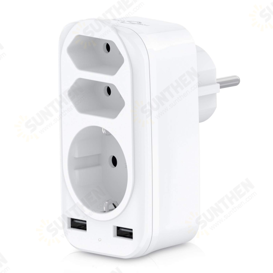 4000W 250V USB Socket Adapter 5in1 Multiple Plug 3 Way Double Euro 1 Schuko Multi with 2 USB Adapters 2.4A for iPhone Mobile with Child Safety Lock