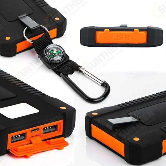 5000Mah Portable Solar Power Bank Dual USB Efficient Charger with LED Lamp Compass Climbing Hook