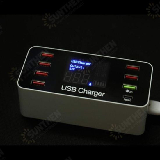 5V/8A Multiple USB Charger Adapter Desktop Charging Station Hub Type C Quick Charge 3.0 Multi Port LCD Display Mobile Phone Charger