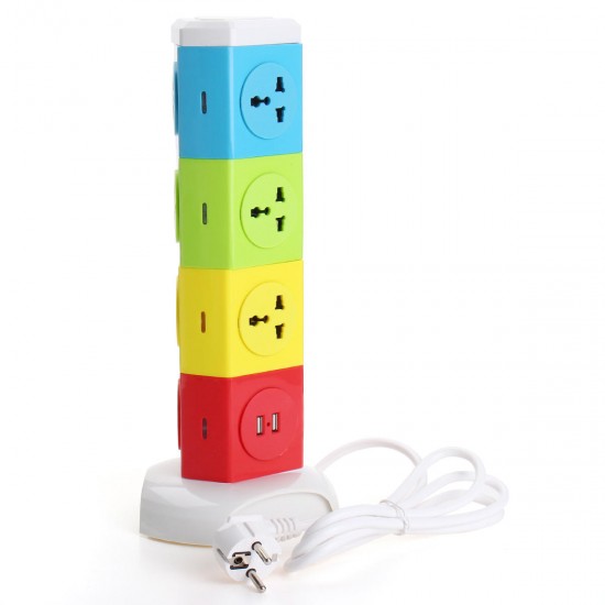 Four Tiers Rotating Socket Patch Panel USB Plug Board Surge Protection Power Strip