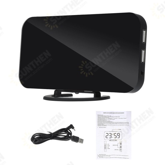 Digital LED Mirror Large Display Alarm Clock Snooze Function Dual USB Charger